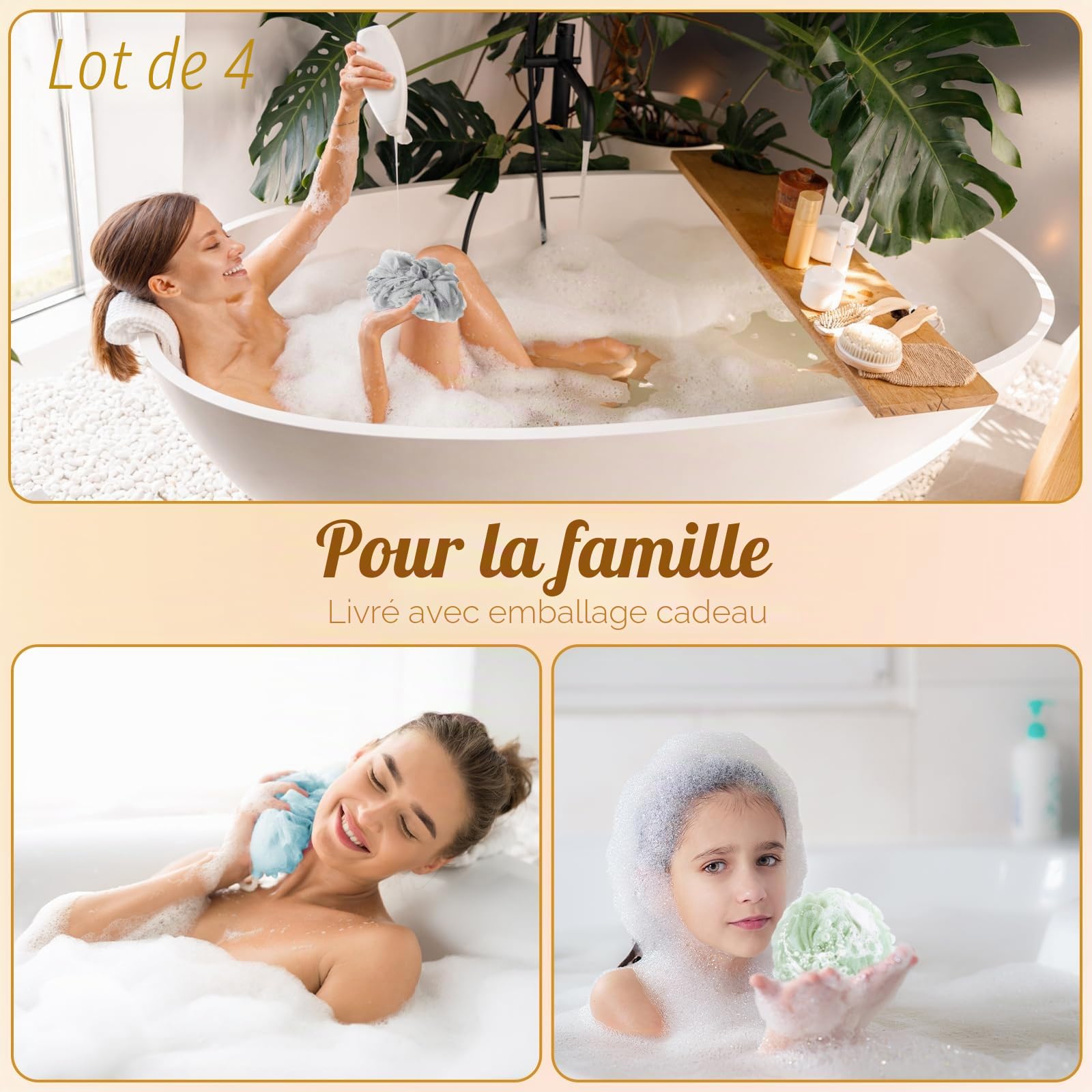 Luffa Lot de 4 éponges exfoliantes pour le corps et le bain – Éponges en luffa de qualité supérieure pour peaux sèches (bleu et violet)