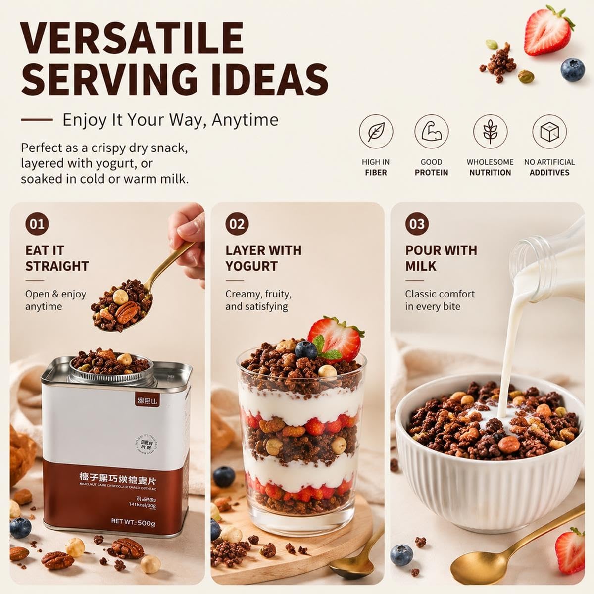 Granola de Chocolate Negro y Avellanas, Avena y Frutos Secos, 500 g