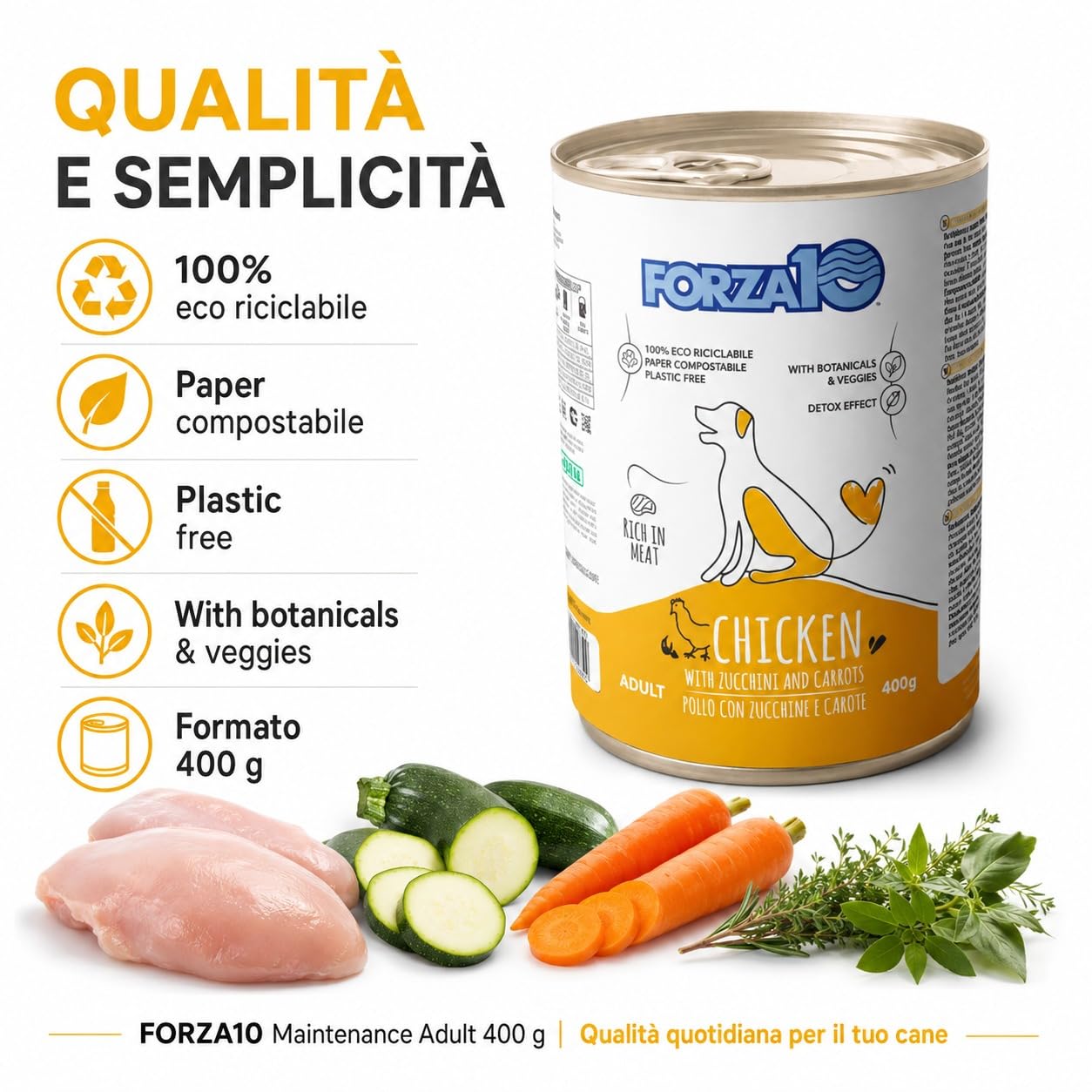 Pollo,Zucchine e Carote– Forza10 Cibo Umido per Cani Adulti di tutte le Taglie e Razze, Monoproteico, 12 Lattine x 400g, Alimento Completo Ricco in Carne.
