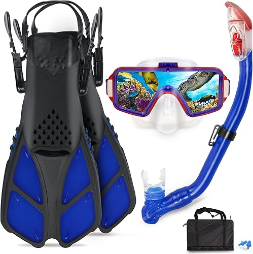 AosDero Juego de esnórquel para niños, aletas ajustables para natación, máscara de esnórquel panorámica, tubo de esnórquel seco, bolsas de viaje,