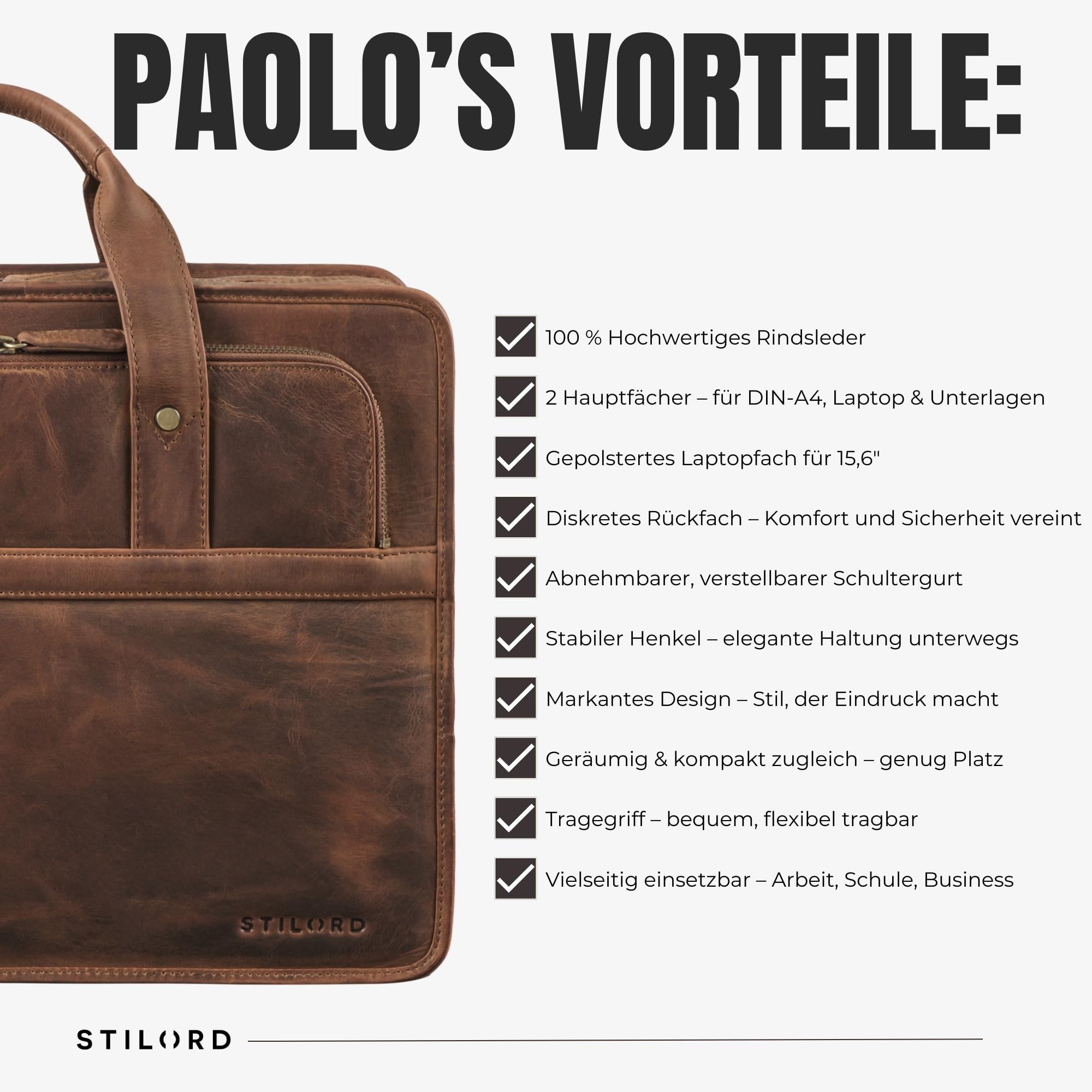 STILORD Paolo Geräumige Aktentasche Herren Leder Arbeitstasche 15,6 Zoll Laptoptasche für Männer Umhängetasche Groß Dokumententasche Große Lehrertasche echtes Rindsleder Farbe:mittel - braun