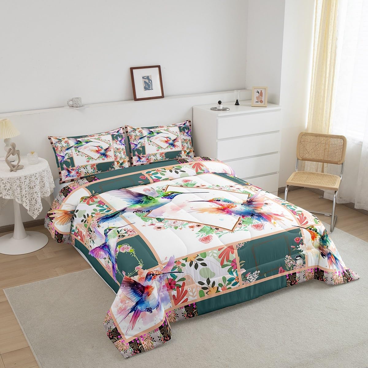 Feelyou Hummingbird Comforter Set Full Size Girls Garden Birds Floral Bedding Set for Women Kids Hummingbird Lovers Comforter Nature Farmhouse Blossom Flower Quilt Room Decor Duvet Set Boys