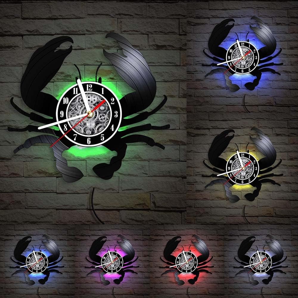 The Geeky Days Big Crab Vinyl Record LED Wall Clock 7 Color Light 12inch Silent Quartz Nautical Ocean Seafood Modern Carved LP Record Time Watch Aquarium Marine Museum Hanging Decor