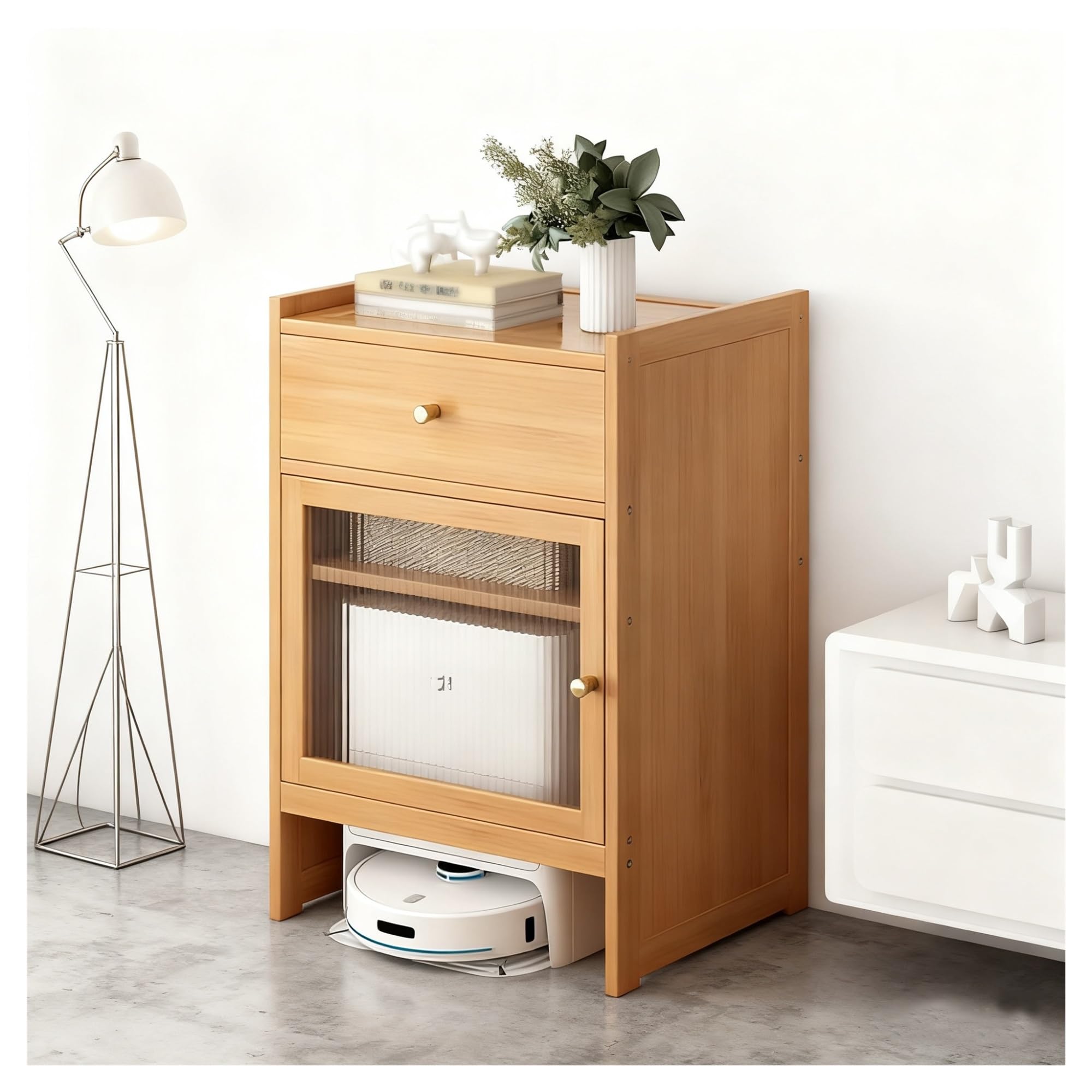 SXZenSpace Robot Vacuum Storage Cabinet Hidden Accent Side Table for Living Room Home Office & Kitchen Easy to Clean Stylish Natural Finish Space Saving Design