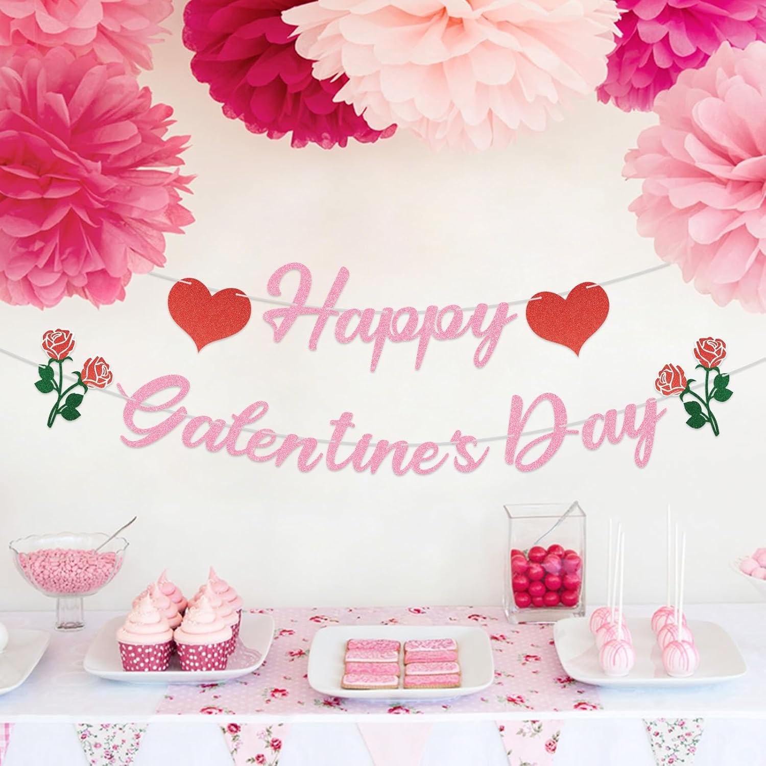Hooqict Happy Galentine's Day Banner Red Pink Glitter Galentines Day Decorations Rose Heart Valentines Party Banner Garland Sign for Girls Women Ladies Friends Happy Galentines Day Decorations
