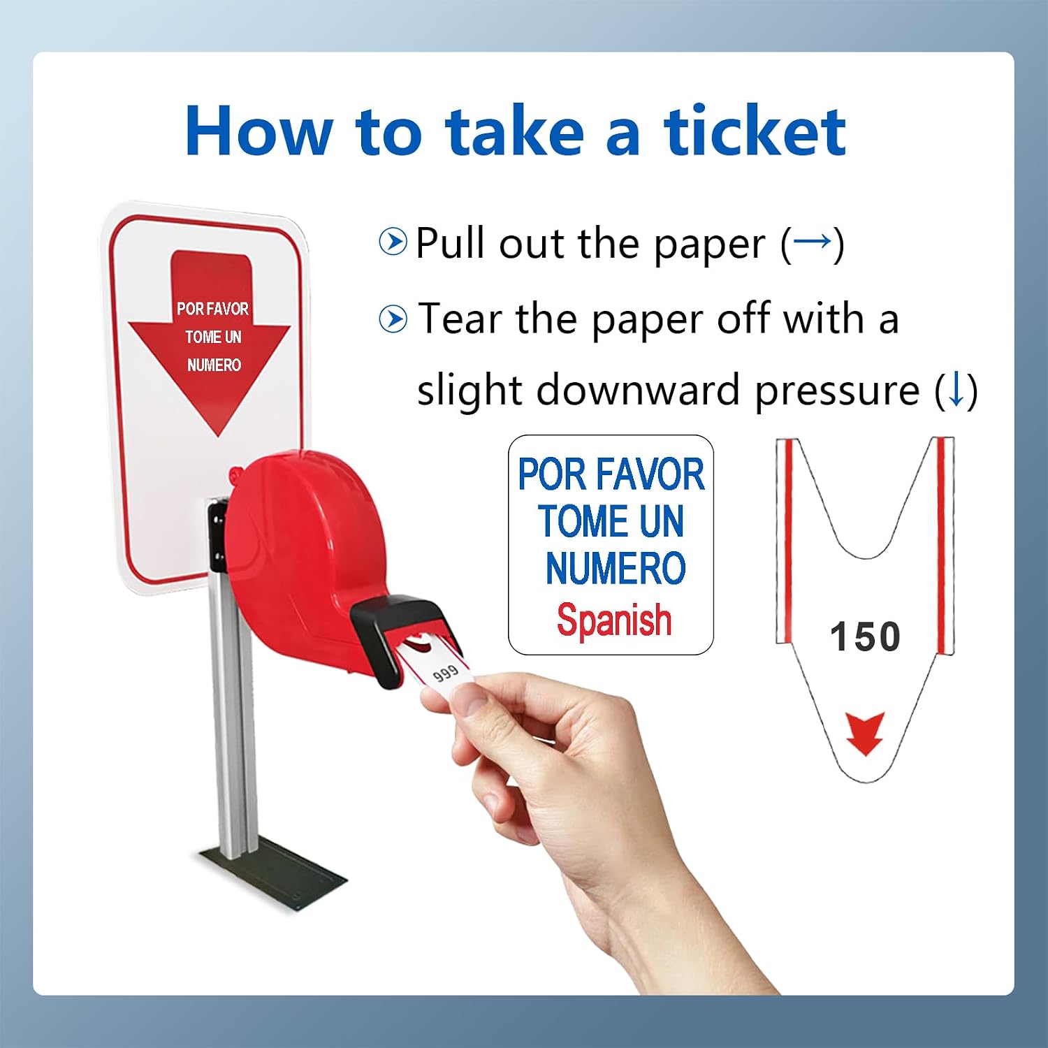 Diagram showing how to pull and tear a ticket from the red ticket dispenser.