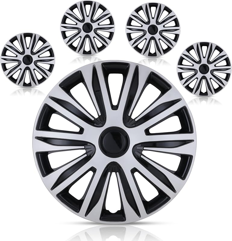 4-Pack Premium 16in Wheel Rim Cover Hubcaps-AUTOWIKI OEM Style Replacement | Snap On Car Truck SUV Hub Cap 16 Inch Set Wheel Hub Accessories Silver & Black Lacquer Wheels Cover
