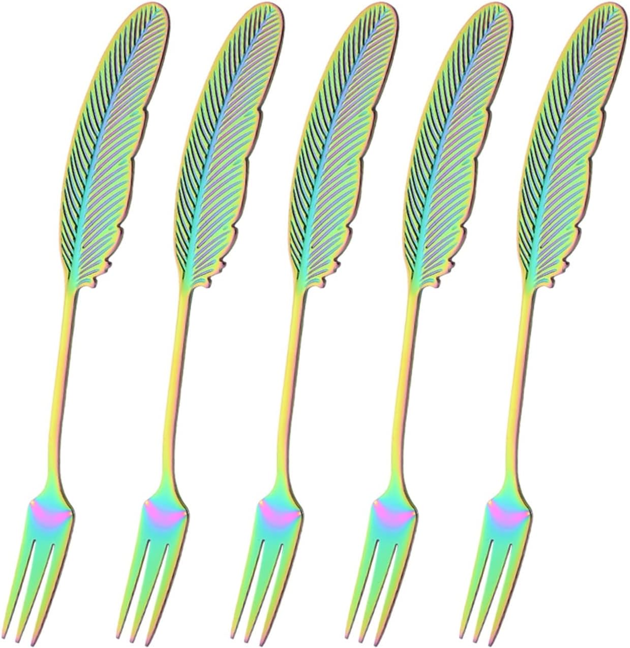 Cake Fork 5/10Pcs Tableware Set Rainbow Cutlery Set Creative Feather Fruit Frok Spoons 304 Stainless Steel Dinnerware Set leisurely (Color : 10Pcs Silver)