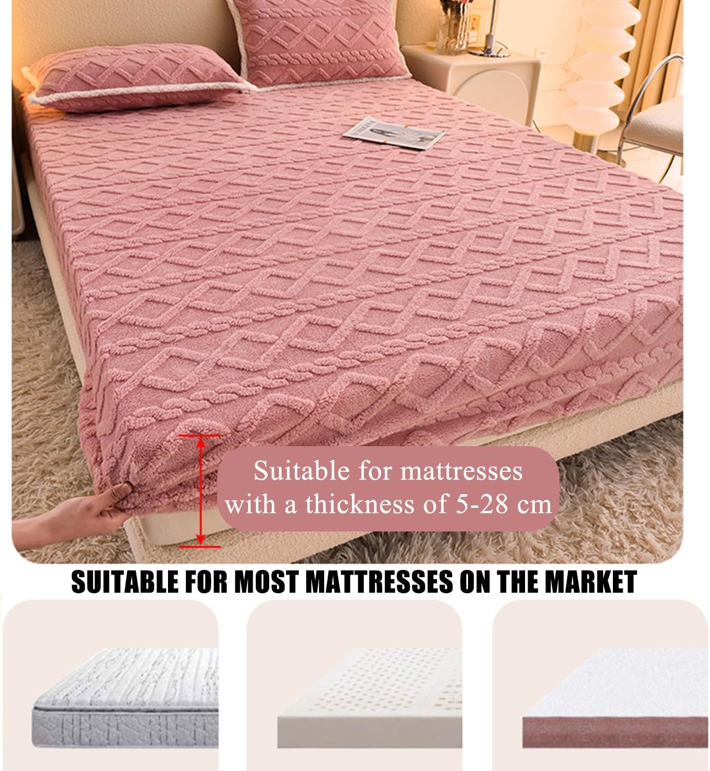 Luxury Velvet Mattress Cover King Thicken Warm Mattress Protector Deep Pocket of 12In Queen Bed Cover with Elastic Band Full Wrap Dustproof Fitted Sheet Washable,Gray,Pillowcase*2