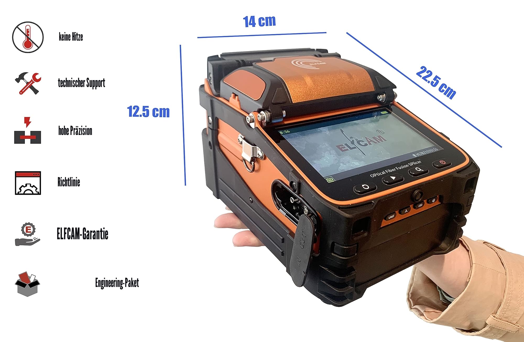 Elfcam® - Glasfaser Spleißgerät Ai9 Kit, Automatisches Fusionsspleißgerät, Herz mit Herz, 6 Motoren, Beleuchtung & Integriertes Fotometer, Glasfaser-Schweißgerät, Touchscreen für FTTH & FTTx