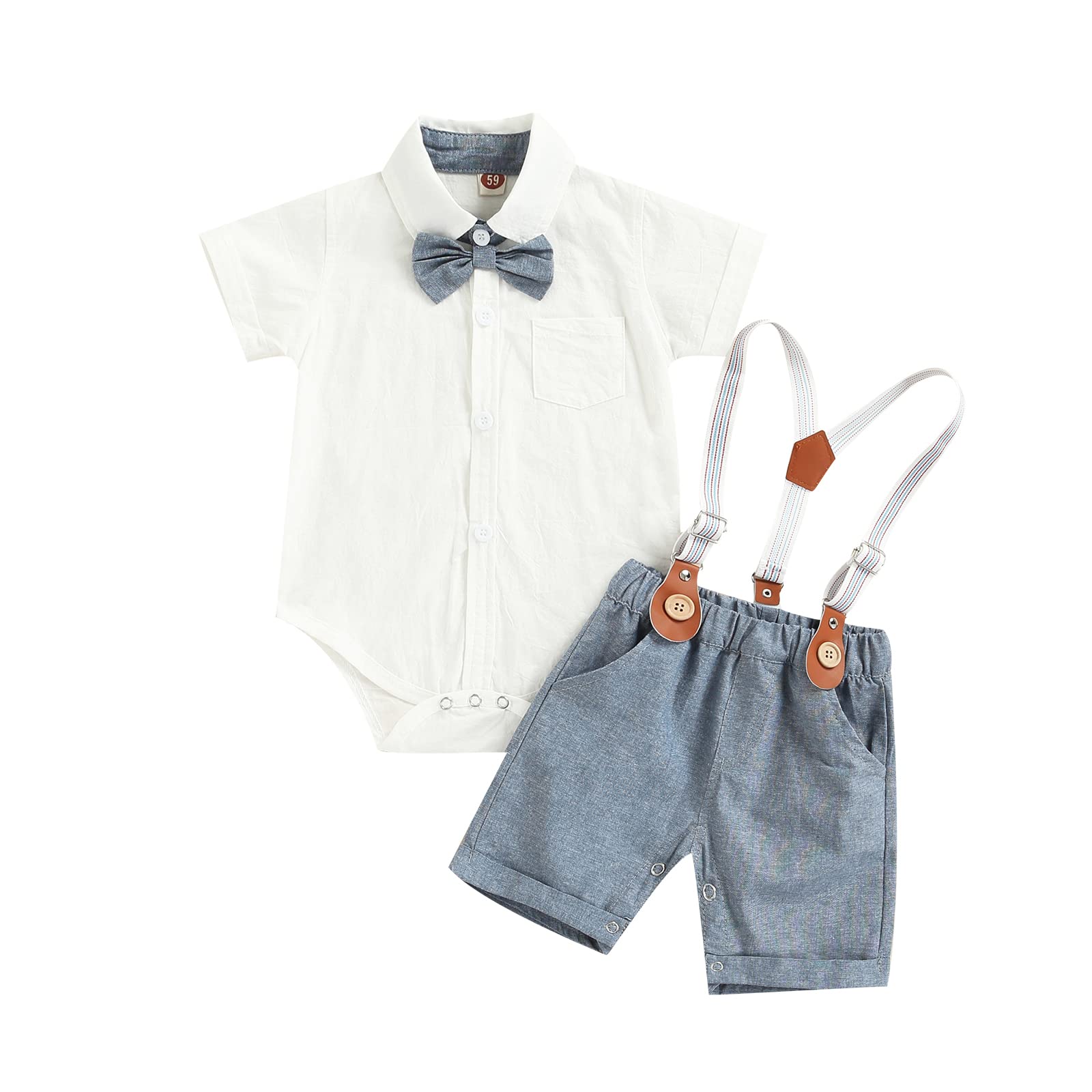 Toddler Baby Boy Gentleman Outfit Short Sleeve Collared Romper Shirt with Bow Tie & Bib Suspender Shorts Summer Clothes Set (Blue, 0-3 Months)