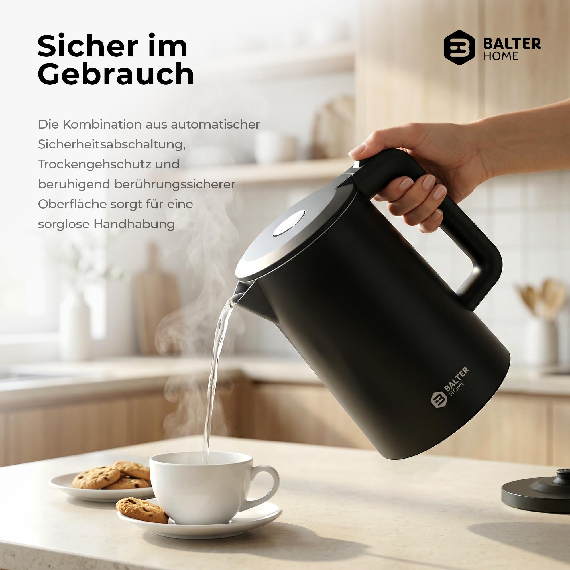 Balter Wasserkocher Edelstahl WK-4, 1,7 Liter, elektrischer Wasserkocher, Doppelwand Design, BPA frei, LED, Teekocher Kompakt, leise (Schwarz)