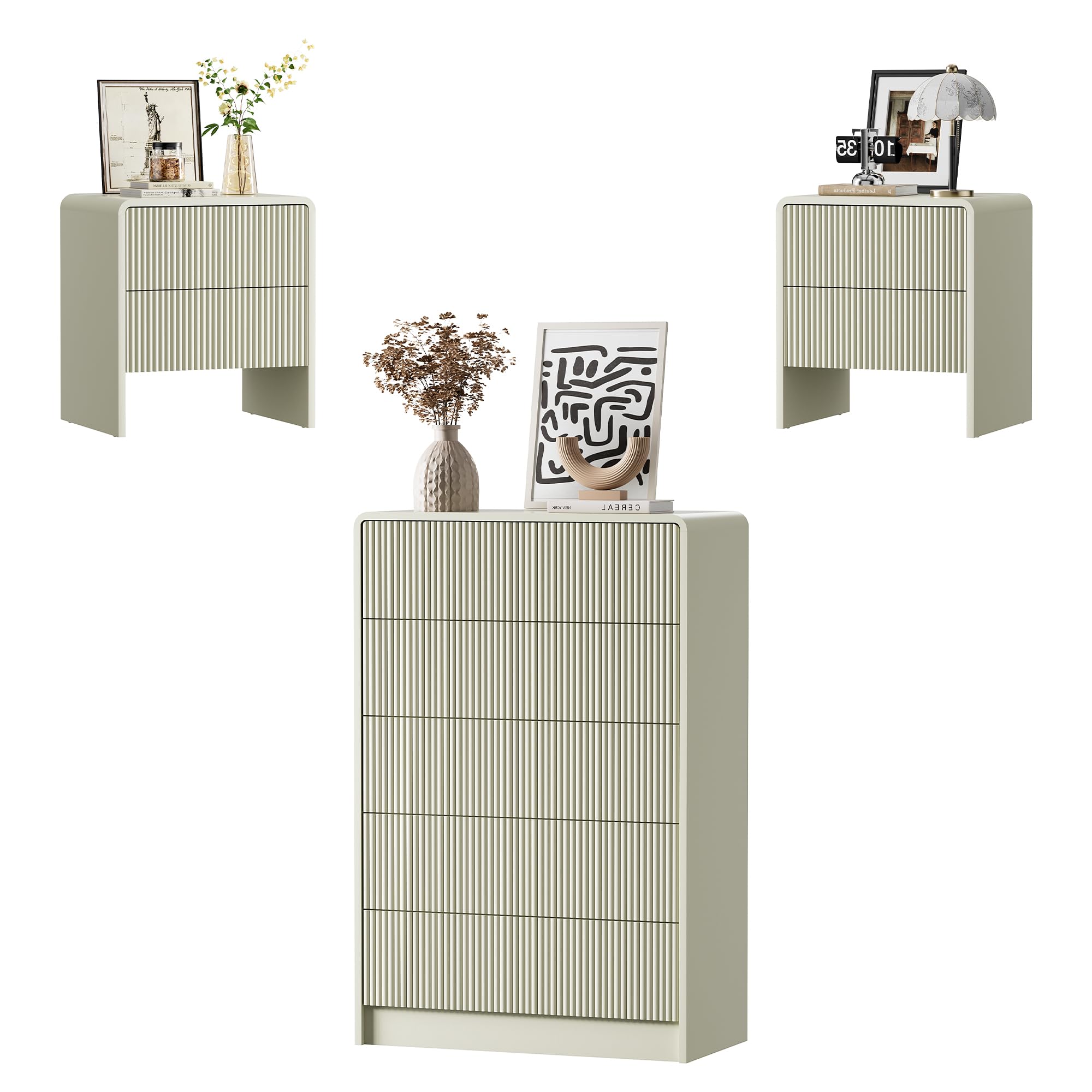 Furniway 5 Drawer Dresser with 2 Nightstands in Beige