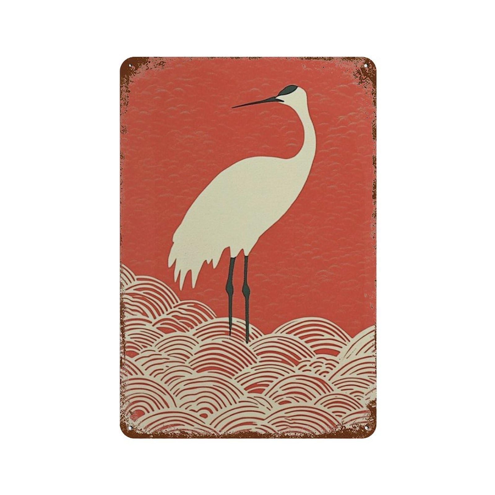 xiaoxiaoshen Japanese Crane Red Seigaiha Wave Minimal Bird Asian Wall Decor Art Metal Tin Poster Modern Home Decor Art Home Bar Shop Decorations Vintage Sign 30x20cm