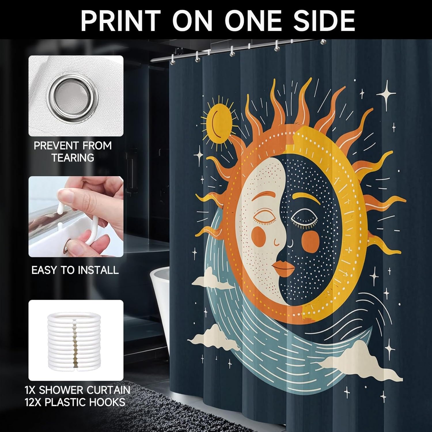 Sun and Moon Shower Curtain 65x84in（165x214cm） Blue Cartoon Kids Shower Curtain, Boho Celestial Sun Moon and Stars Bathroom Decor Curtains, Quick-Drying Waterproof Fabric with Grommet Hooks