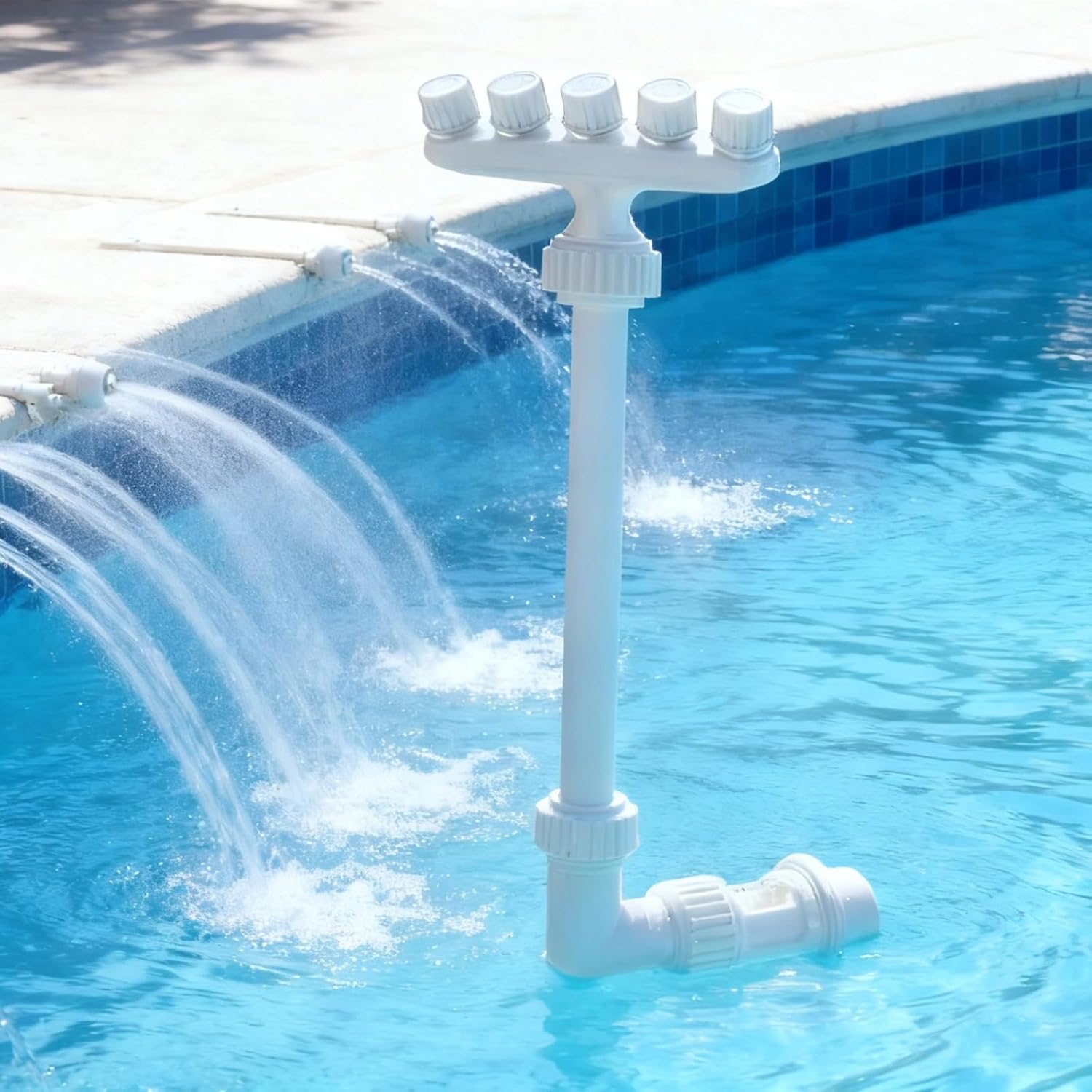 5-Head Garden Sprinkler Pool Fountain, 3-Layer Adapter, 360° Rotating Top Nozzle, Waterfall for Above/Inground Pools, Fish Pond, White