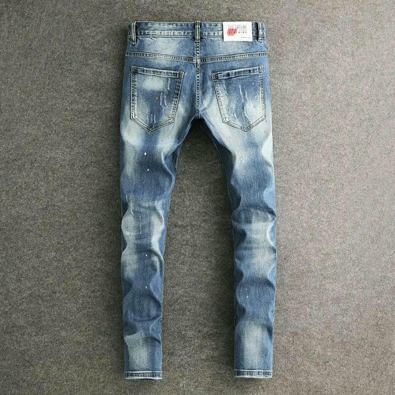 Street Mens Jeans Retro Washed Blue Stretch Slim Fit Patch Designer Ripped Jeans Men Vintage Denim Pencil Pants2