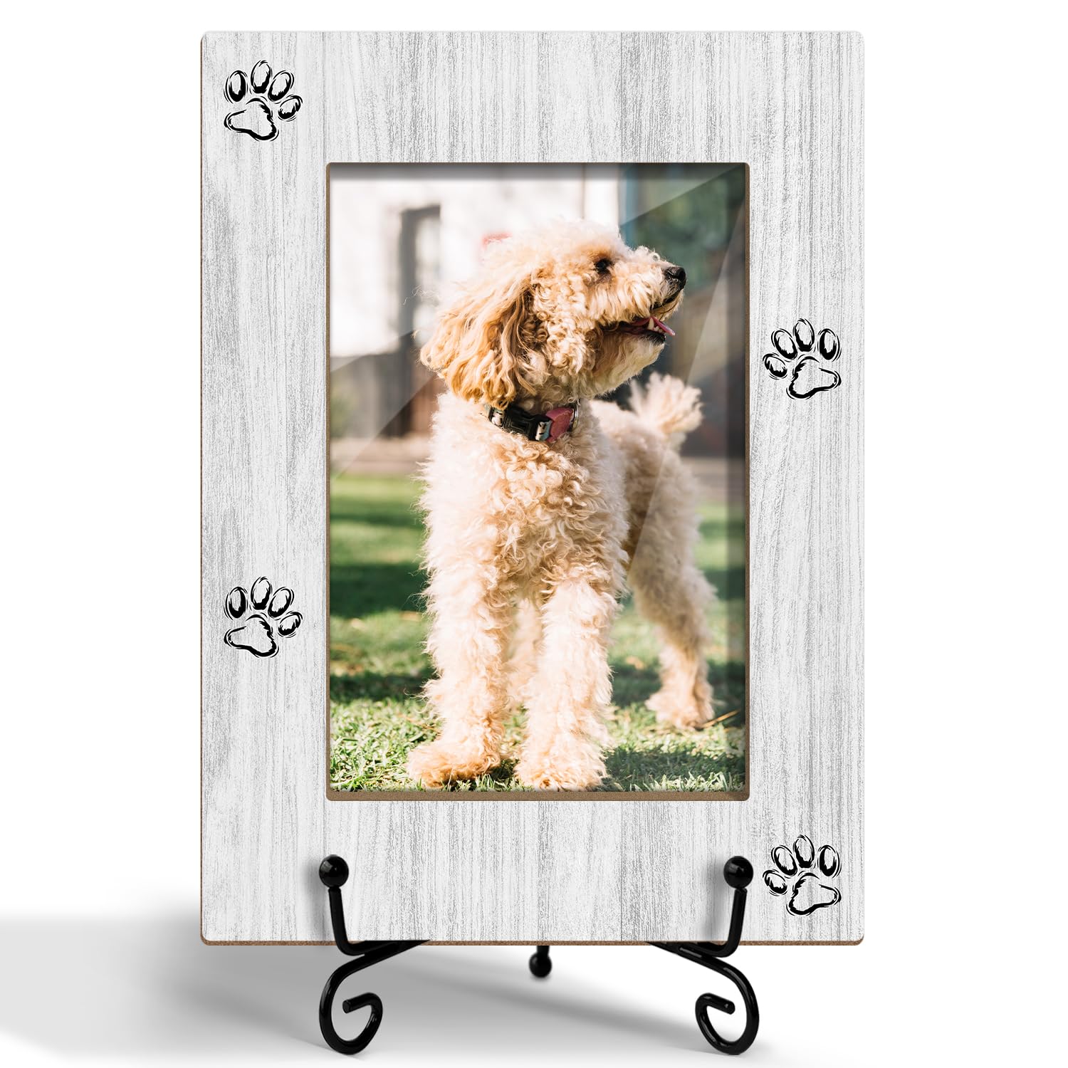 XK59 - Marco de fotos de madera con estampado de huellas de mascotas para perros y gatos, regalos para amantes de las mascotas, dueño de mascotas, marco de fotos de 4 x 6 pulgadas para exhibición de