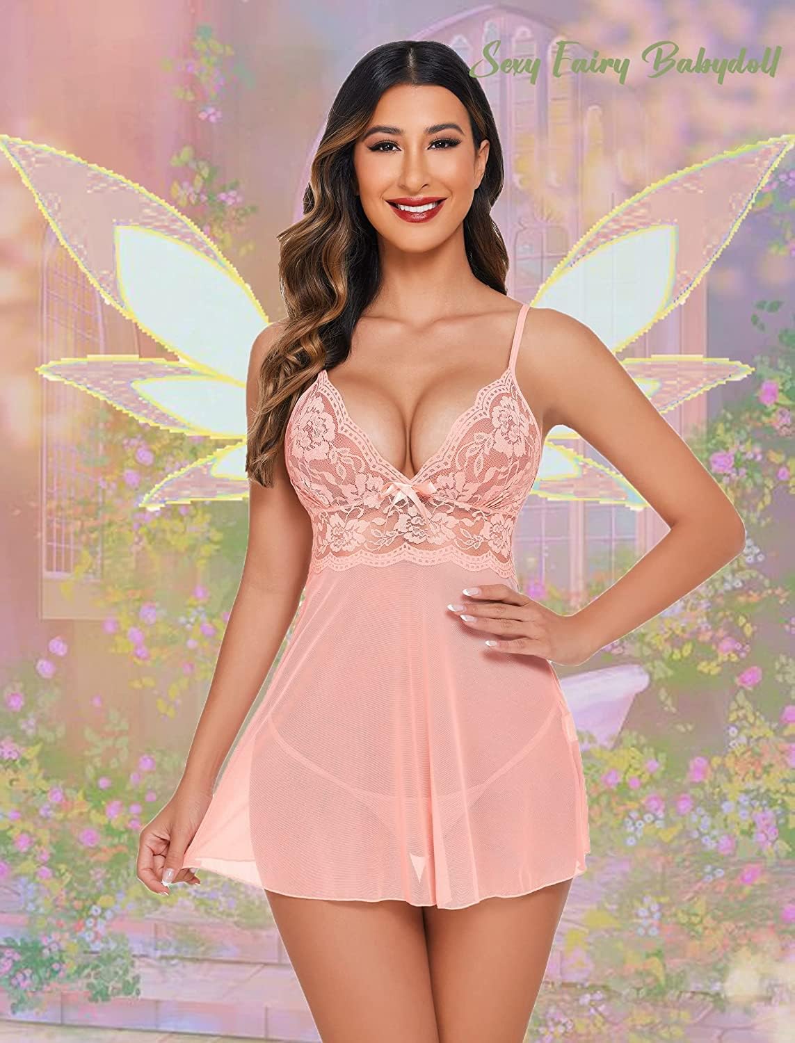 Avidlove Women Lingerie Lace Babydoll Strap Chemise Halter Teddy V Neck Sleepwear Peach XL