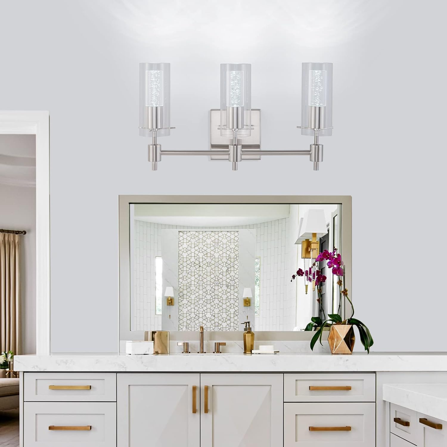 LED Vanity Lights - 24" Modern Bathroom Light Fixtures, 3-Light Brushed Nickel Vanity Light with Crystal Bubble & Clear Glass Shade, 24W Bathroom Lighting Fixtures Over Mirror
