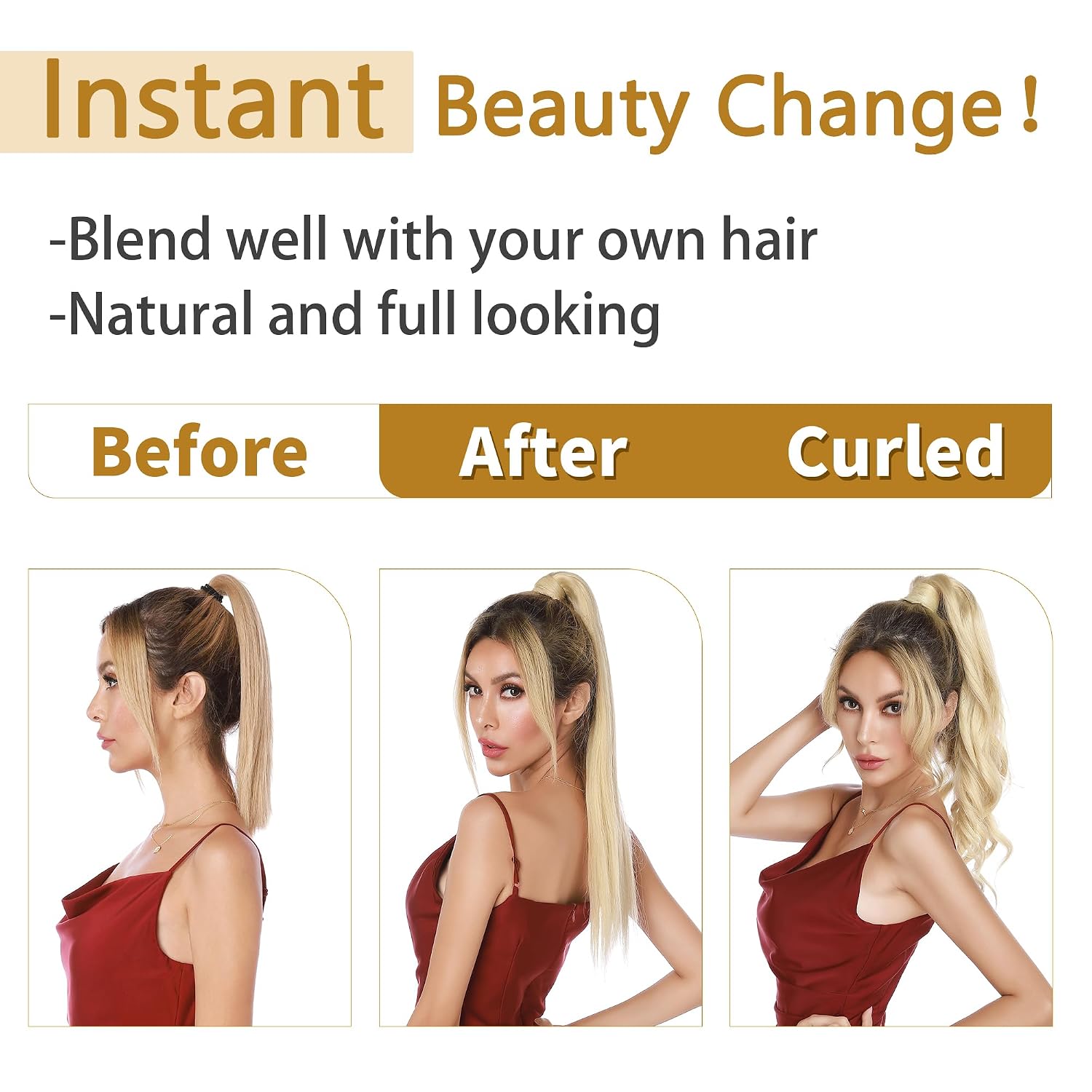SEGO Ponytail Extension Human Hair Real Human Hair Clip In Wrap Around Long Straight Ponytail With Magic Paste Pony Hairpieces for Women -14 Inch 80g 613 Bleach Blonde