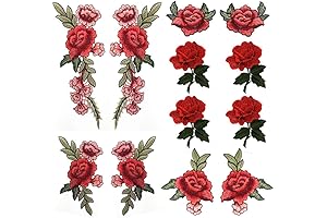 Finest 12-Piece Crimson Rose Appliqués: Embroidered Beauties for Creative Expression