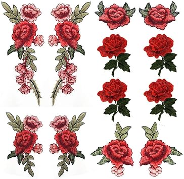 Banfeng 12 Pieces Red Rose Embroidered Flower Applique Patches Sew On Arts Crafts DIY Decor, Jeans, Jackets, Clothing, Bags