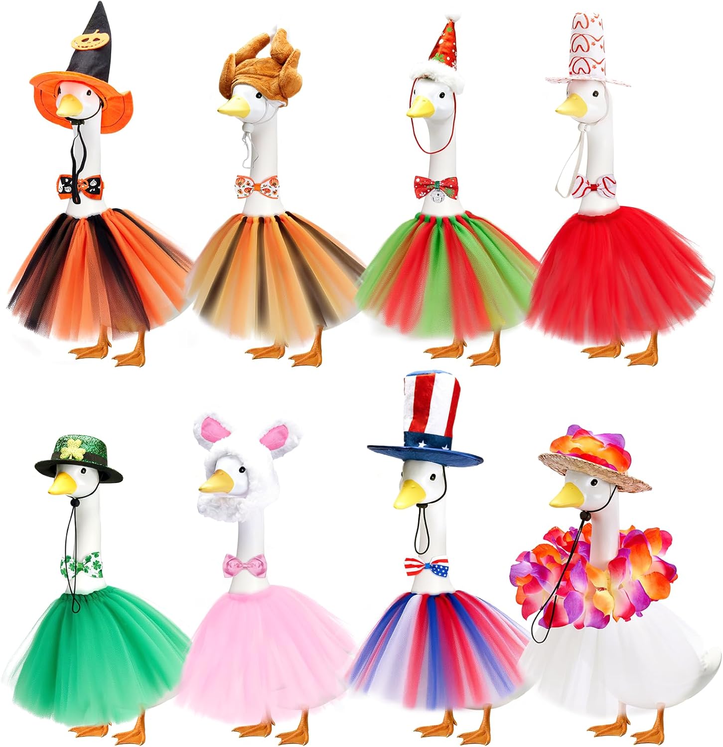 Porch Goose Outfits, 8 Set Holiday Porch Goose Clothes for 17/23 inch Lawn Geese Valentine St Patricks Easter 4th of July Summer Halloween All Seasonal Patio Yard Garden Goose Statue Decor