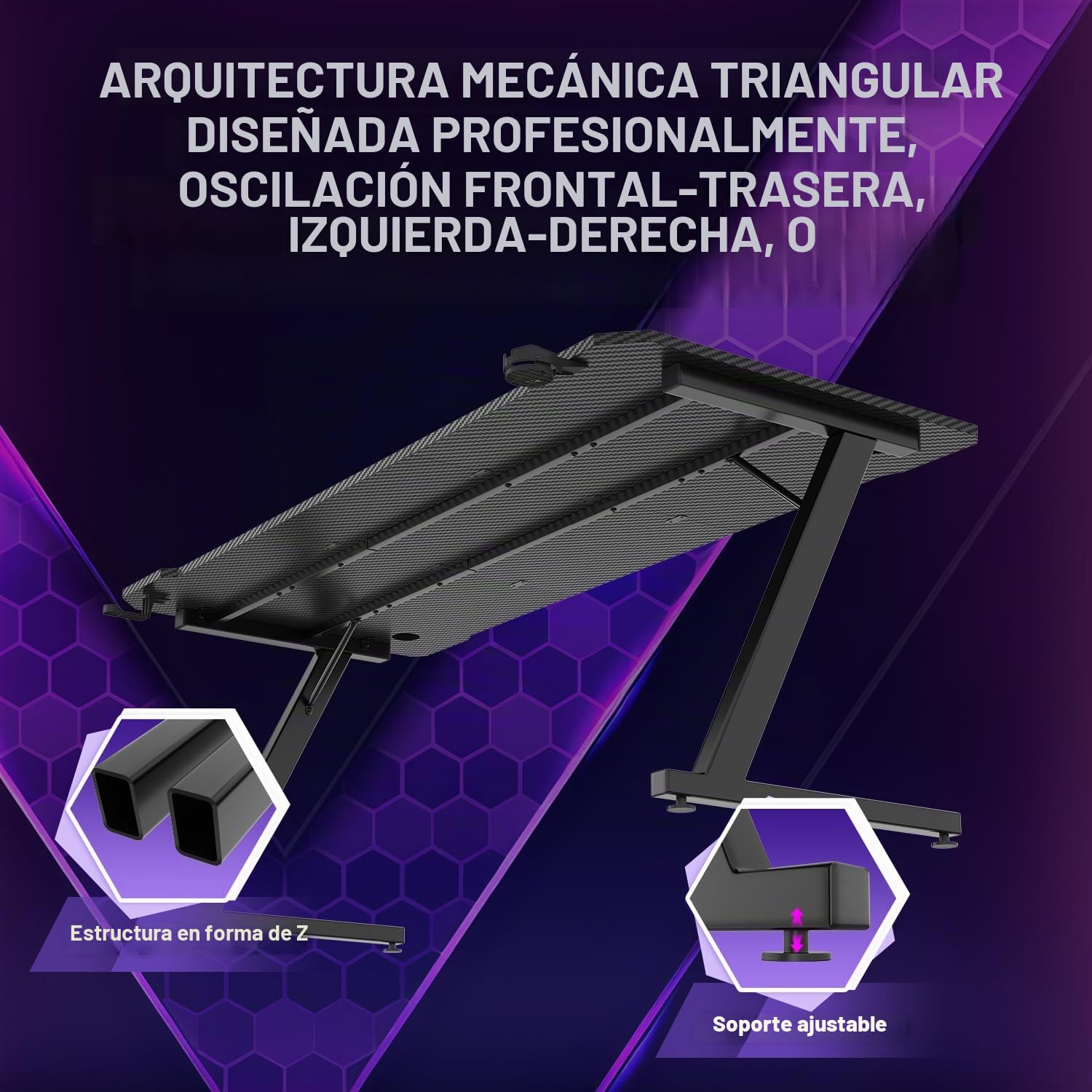 JUMMICO Escritorio Gaming 80x50cm, Fibra de Carbono con Portavasos y Soporte para Auriculares, Estructura Metálica Negra