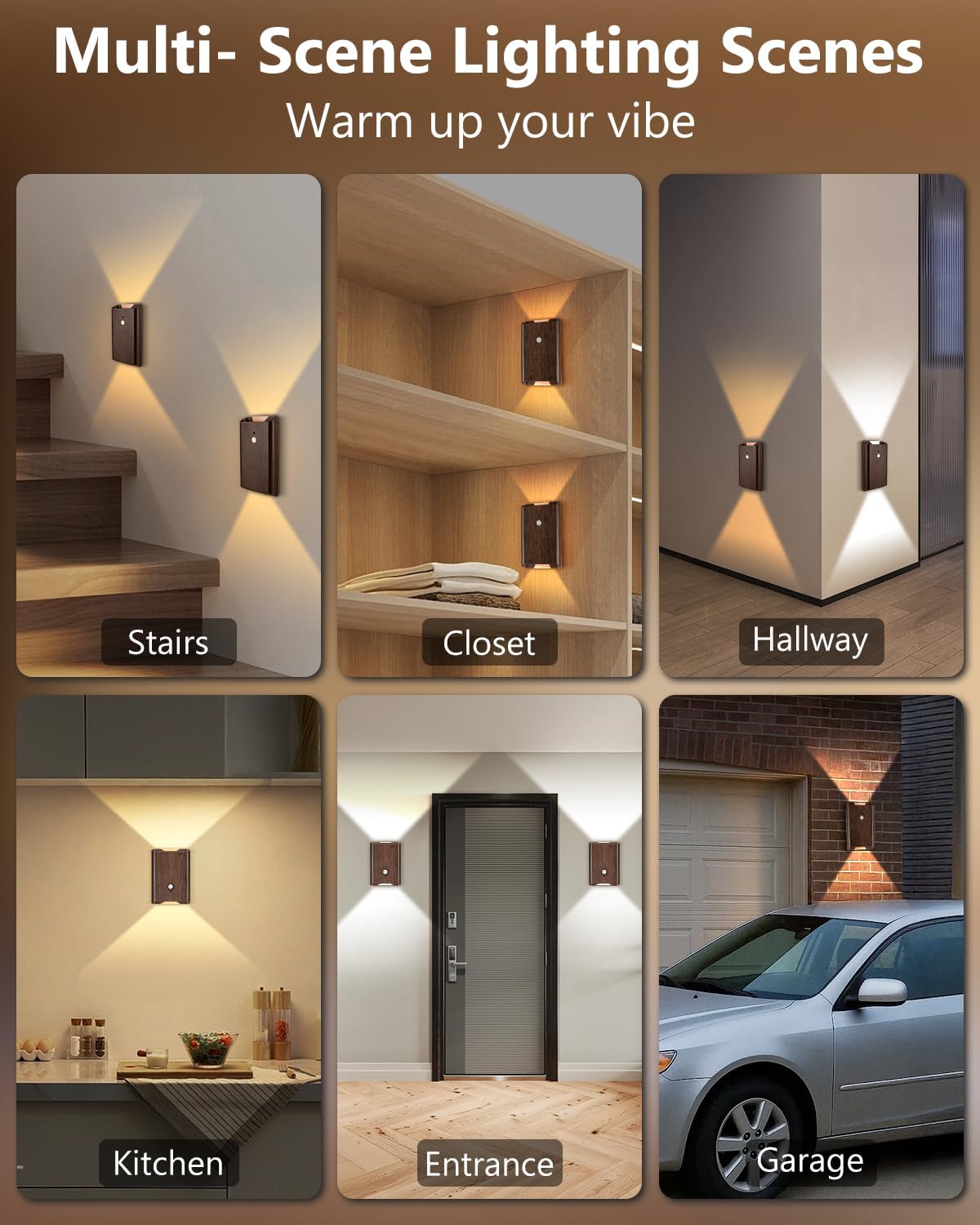4 Pack Rechargeable Motion Sensor Wall Sconce – 5000mAh Wireless Battery Operated Wall Light Indoor, 3 Colors Up/Down Lighting Magnetic Night Light with Remote Control for Bedroom, Hallway (Walnut)