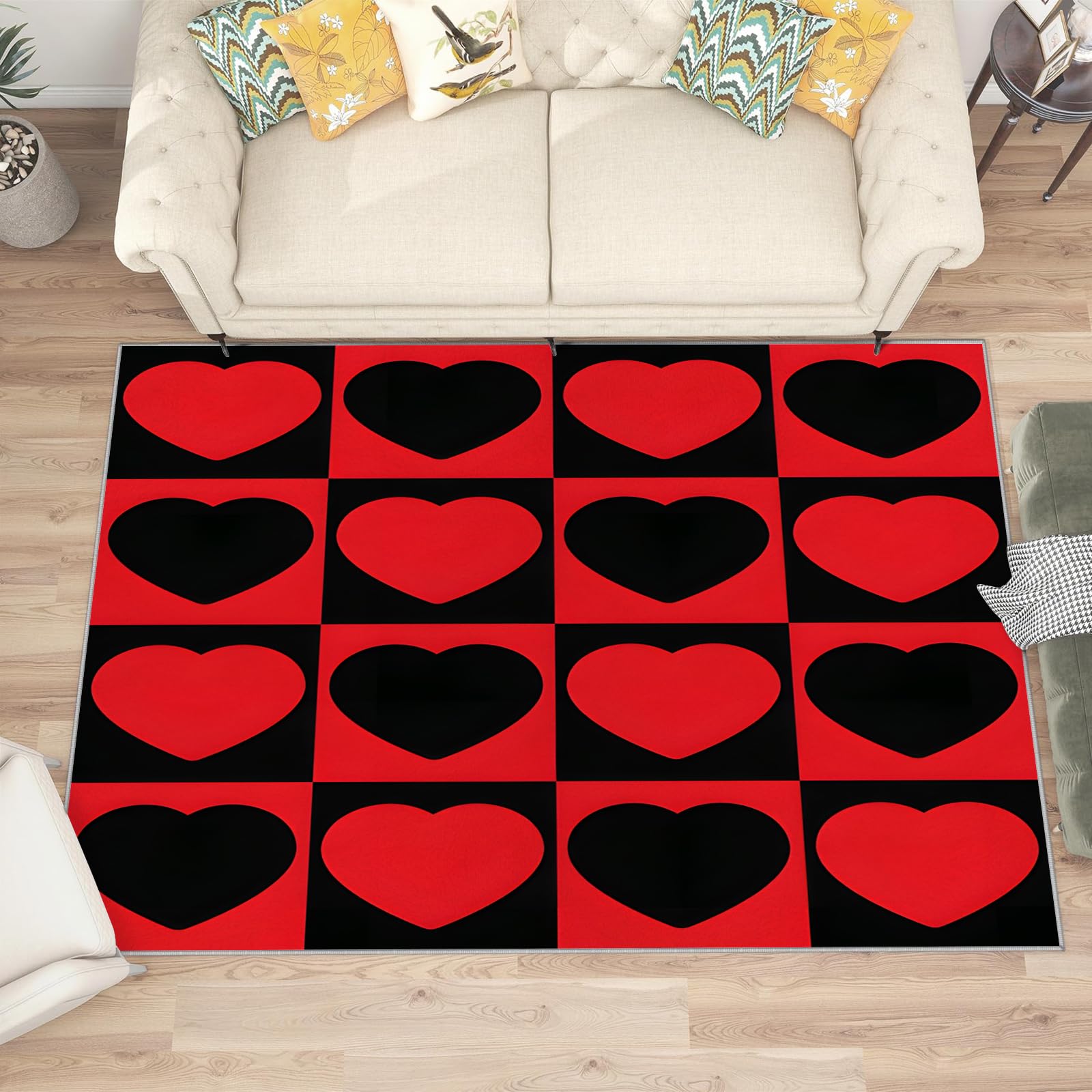 Großer waschbarer Kurzflor-Teppich 200x300, Herz Rot Schwarz Teppich modern Dünn Saugfähig Vielseitig für Wohnzimmer Schlafzimmer Oder Als Bettvorlege G171
