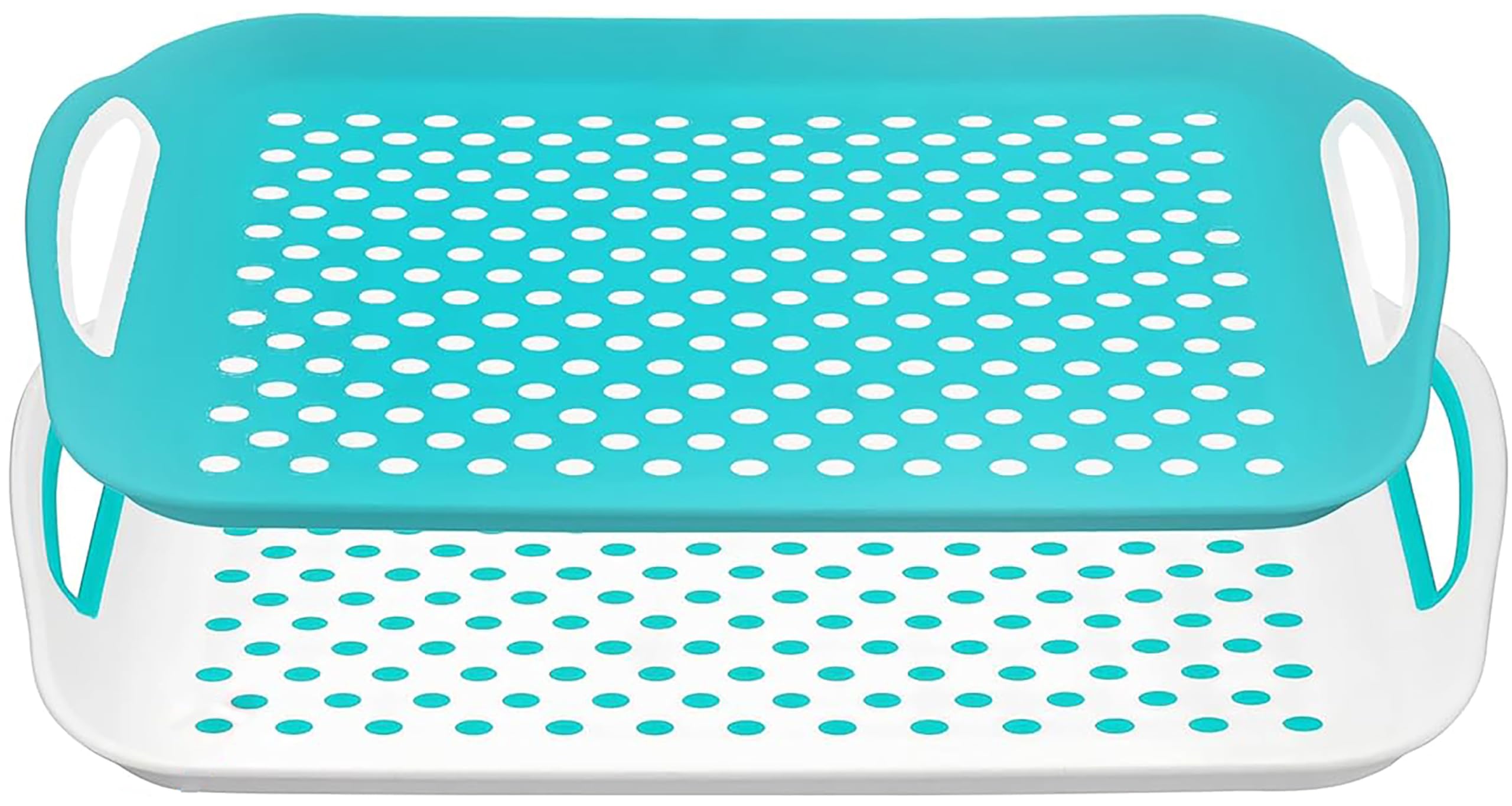 PRADICHI 2-Pack Non-Slip Serving Trays with Rubber Grip Surface and Easy-Grip Handles – Rectangular Plastic Food & Drink Tray – 40.5 x 28.5 cm (Green & White)