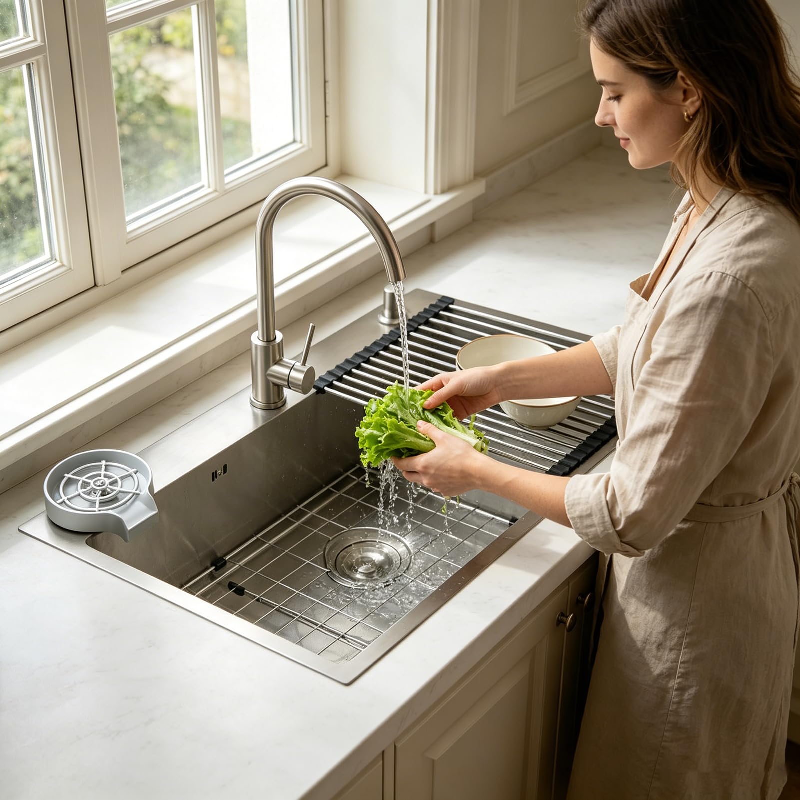 Fregadero Cocina 70x50cm, Fregadero Grande Cocina 1 Seno, Fregadero Cocina en Acero Inoxidable 304, Con Grifo de Cocina, Filtro de Drenaje, Ifón, Rebosadero y Residuos, Kitchen Sink