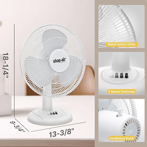 Miniatura 2 de Shop-Air Ventilador de mesa oscilante de 12 pulgadas, 3 velocidades, circulación de aire silenciosa y potente, inclinación de cabeza ajustable de