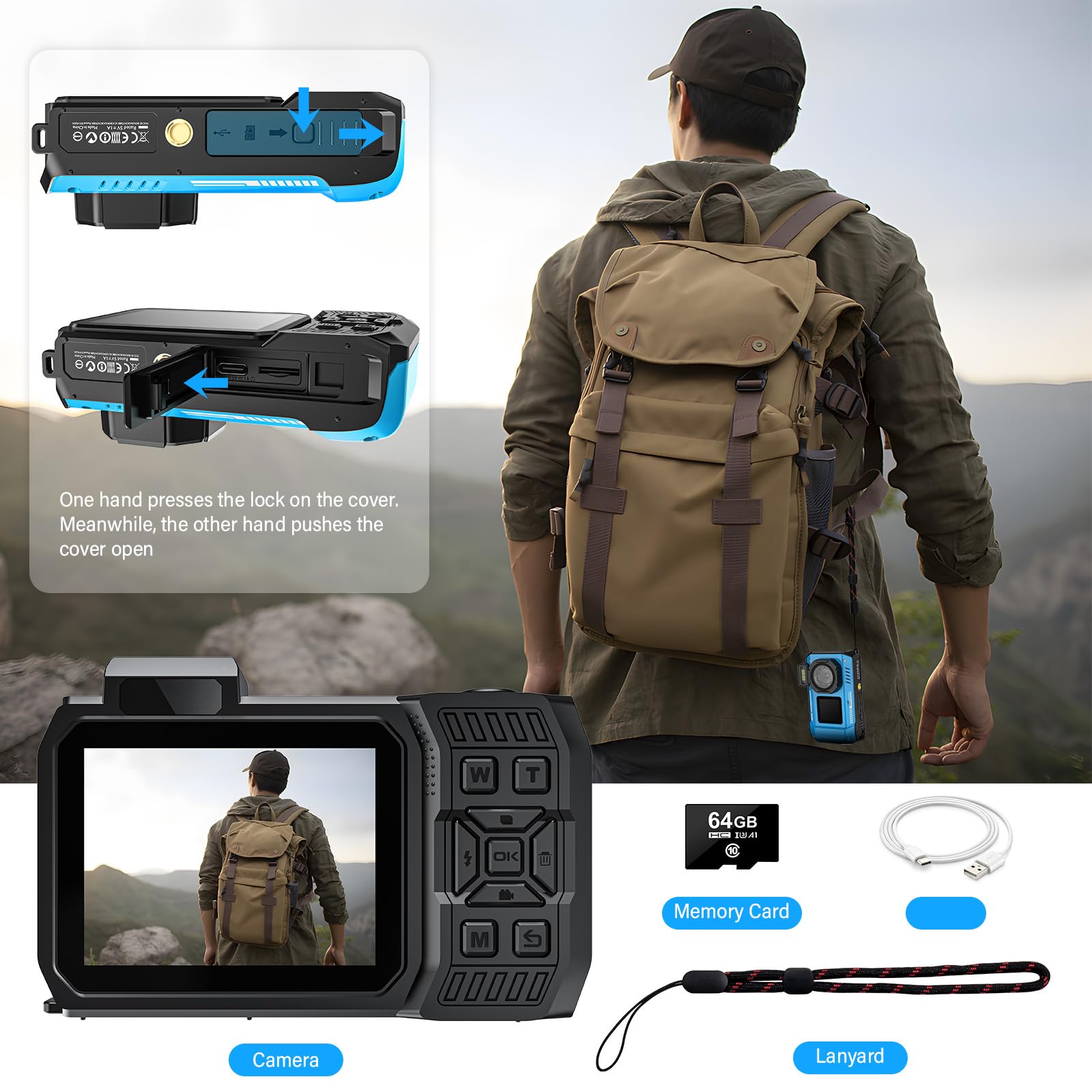 Digitalkamera, Yixinxin 8K Unterwasserkamera, 70MP Autofokus 33FT WiFi Digitalkamera wasserdichte mit 64GB Karte, Dual-Screen Selfie 2500mAh Batterie, 16X schwimmfähig Digital für Schnorcheln