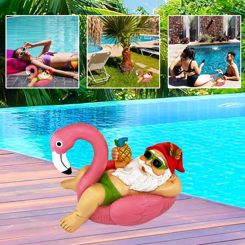 Miniatura 4 de Mood Lab Gnomo de jardín en flamenco, divertida figura de gnomo, estatua de césped de 8 pulgadas de profundidad, para decoración al aire libre o de