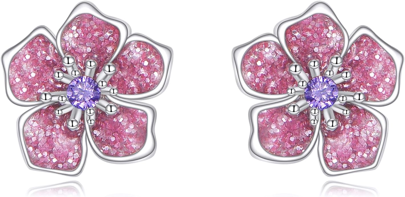 Cherry Blossom Stud Earrings 925 Sterling Silver Pink Flower Earrings for Women Cherry Blossom Jewelry Birthday Gifts for Women Lover Friends