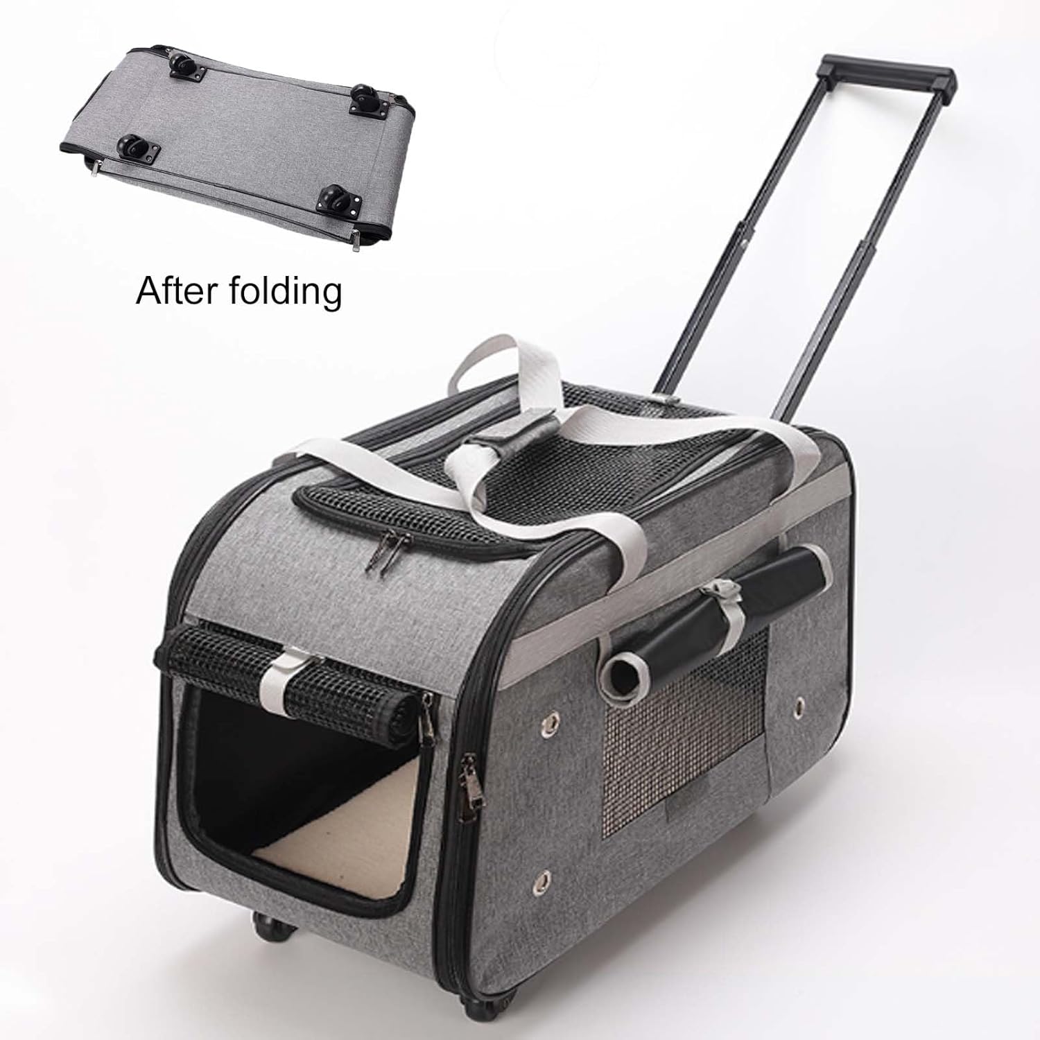 Pet Carrier with Removable Wheels for Small Cats & Dogs,Portable Folding Pet Travel Soft-Sided Carrier with Retractable Handle,Mesh Ventilation Window,Storage Pocket,for Outdoor Walking (Grey)
