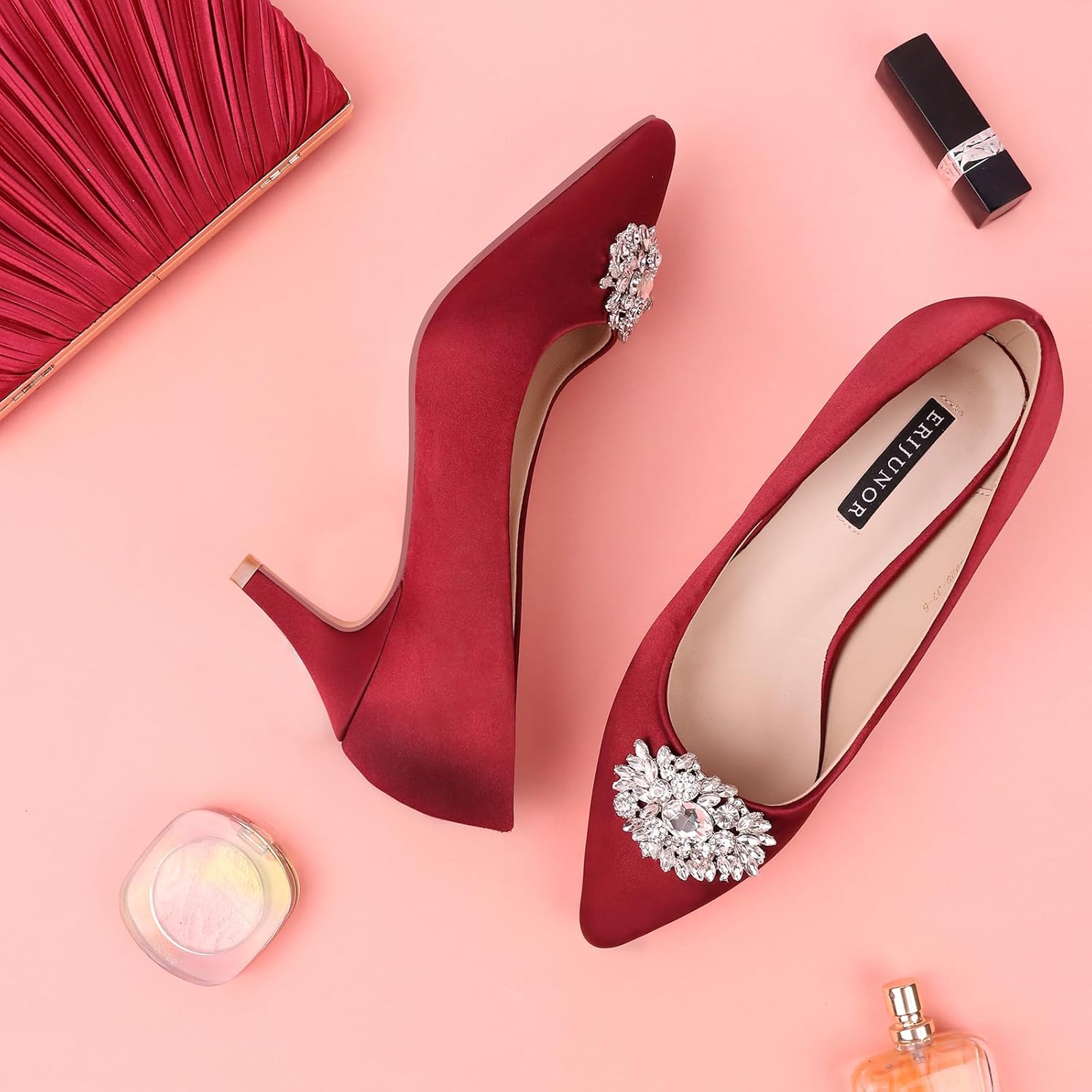 ERIJUNOR E1492D Women Pumps Kitten Heel Lace Satin Brooch Evening Prom Wedding Shoes