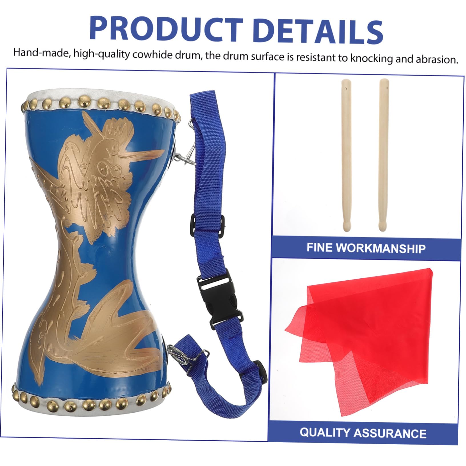 SUPVOX Traditional Chinese Waist Drum 12/14cm Hand Drum Adjustable Strap for Fitness Square Dance Boys and Girls