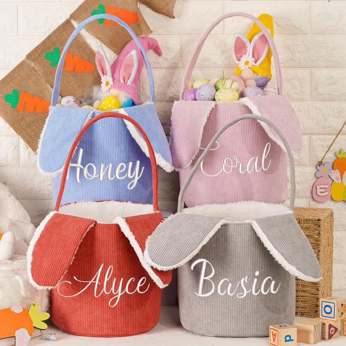 Easter dates Personalized Embroidered English Name Storage Basket, Corduroy Droopy-Eared Rabbit Handle Easter Storage Basket