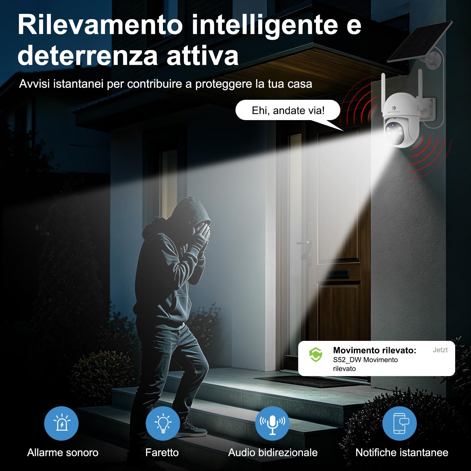 2K Telecamera Solare Esterna Senza Fili WiFi 6 2.4/5GHz, Senza Costi
