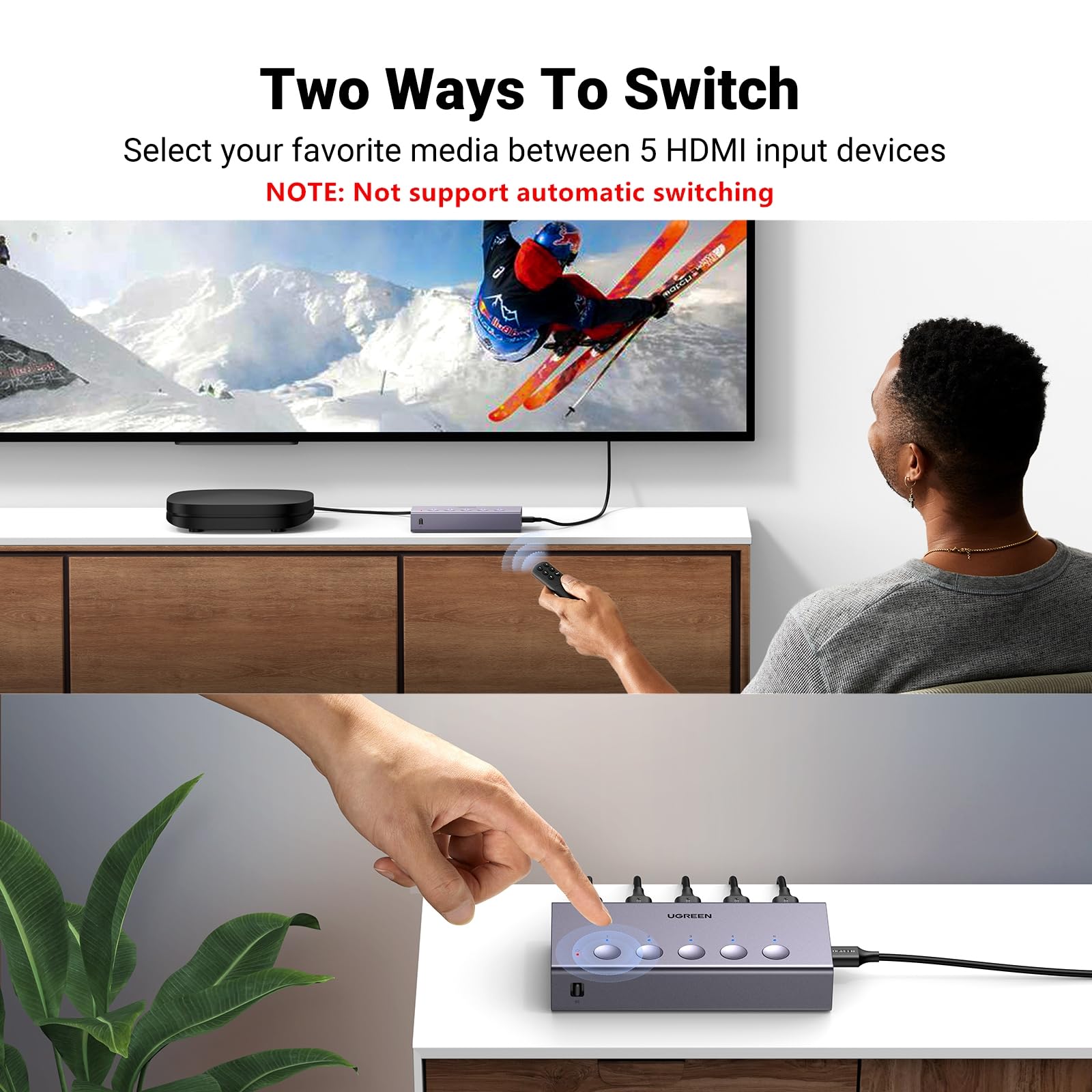 UGREEN HDMI Switch 5 in 1 Out, 4K@60Hz, mit Fernbedienung, HDR, VRR, 3D, Grau | HDCP 2.2, CEC, HDMI Splitter, kompatibel mit PS5/4, Xbox, Switch 2, Roku TV, Fire Stick, Laptop, ideal für Gaming, Arbeiten