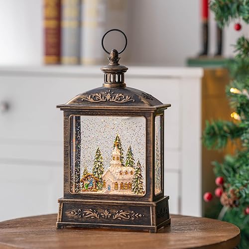 Vista 9 de Christmas Snow Globe Lantern Water Glittering Churche & Manger Scene with Music & Timer, USB Lined/Battery Operated Lighted Lantern for Christmas
