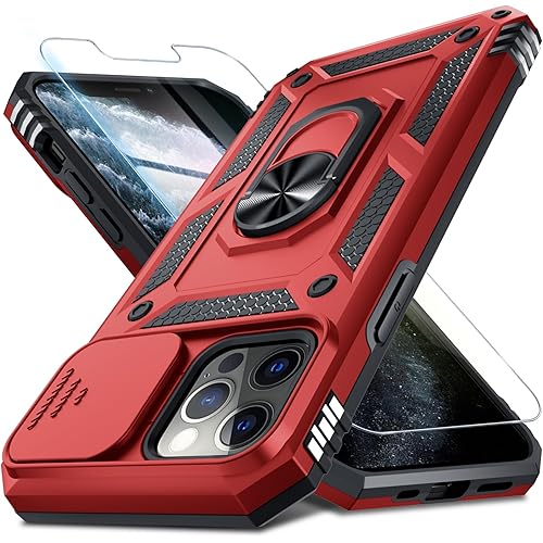 Janmitta Case for iPhone 11 Phone Cover Built in Slide Camera Lens Cover+Screen Protector,Heavy Duty Shockproof Full Body PhoneCase with Finger Ring Holder Kickstand,Red