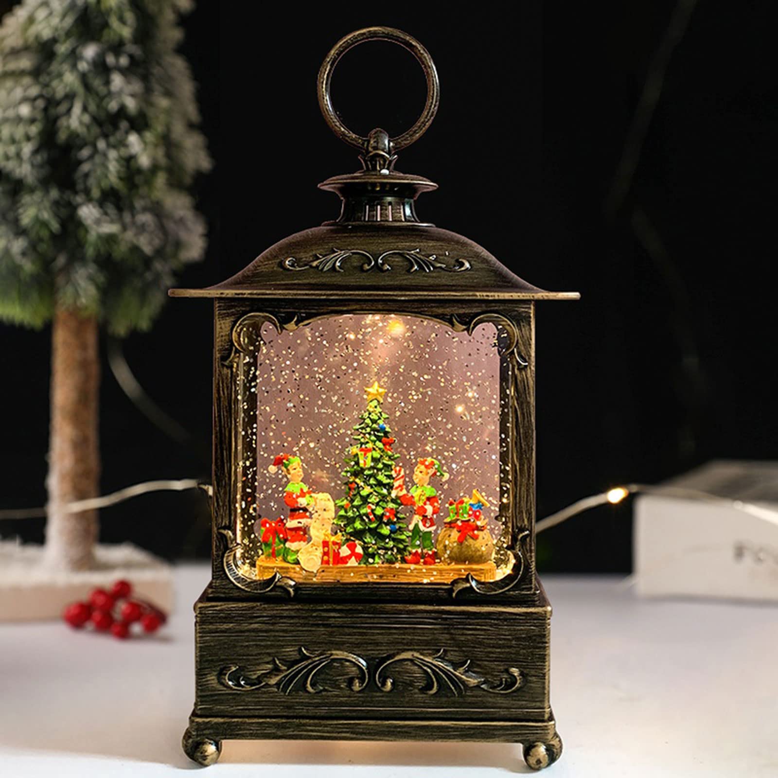 Lanterna a candela, lanterna natalizia con globo di neve, lanterna musicale da appendere con 12 canzoni natalizie, luce natalizia a batteria/USB, decorazione natalizia con lanterna glitterata ( Color
