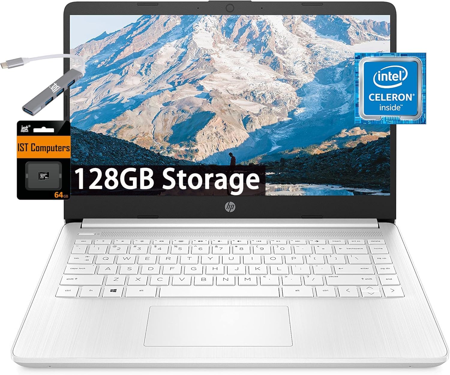 HP 14" Ultra Light Laptop for Student & Home (Intel Quad-Core N4120, 4GB RAM, 128GB (64GB + 64GB SD), 1-Year Office 365) 11-Hr Long Battery Life, IST HUB, Webcam, Win 11 Home in S Mode, Snow White