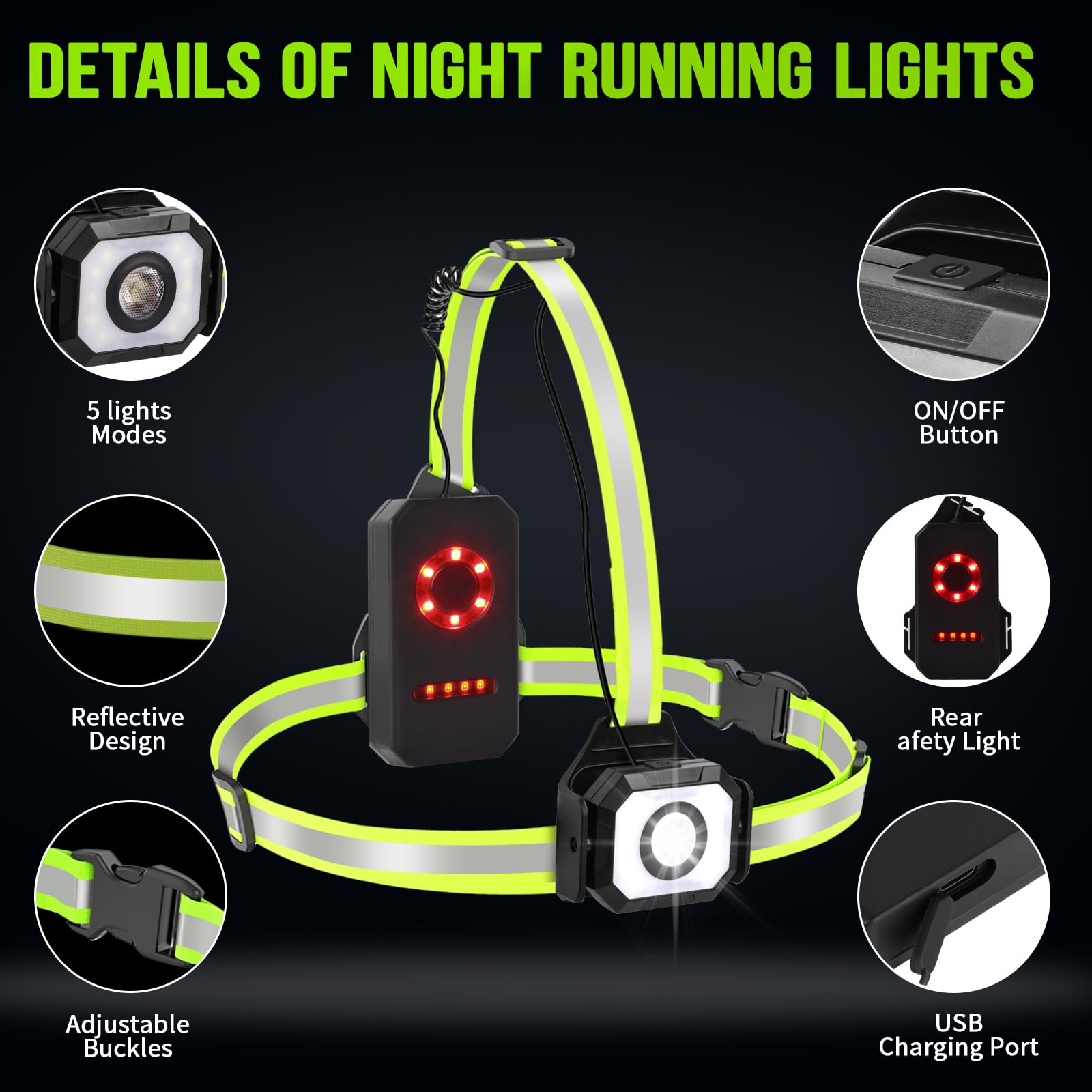 Luce da Corsa Ricaricabile Tramite USB, 5 Modalità Luce Running, Impermeabile, Dimmerabile a 90°, 500 Lumen, Ricaricabile Tramite USB, Ideale per Corsa, Camminata e Sport All'aria Aperta