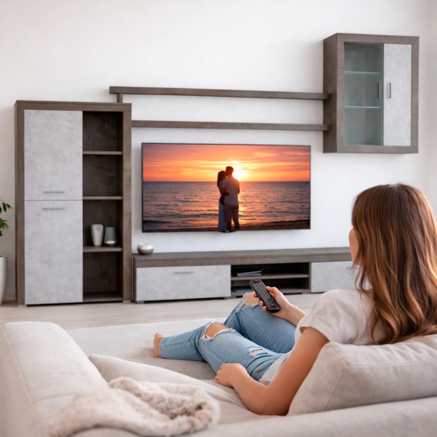 Arreditaly Parete Attrezzata Da Soggiorno Salotto Moderna Con Ante Mensole Vani A Giorno Vetrinetta Mobile TV Design Moderno Moduli Sospesi 293 x 193 x 50 Cm (Ossido e Grigio Cemento)