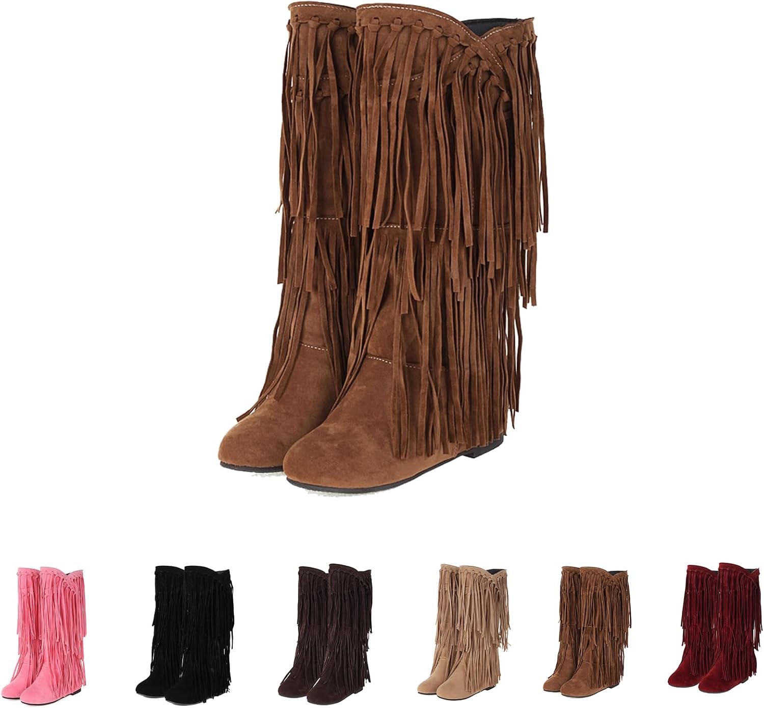 Women's Suede Fringe Western Boots Hidden Heel Knee-high Boots Round Toe Flat Tassel Moccasin Boots
